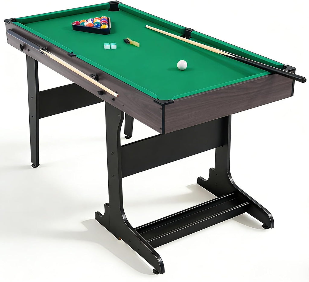 53 Inch Folding Pool Table with Built-in Ball Storage and Cue Clips, Freestanding Billiard Game Table Set for Family Game Room, Includes Cues, Balls, Chalk and Brush