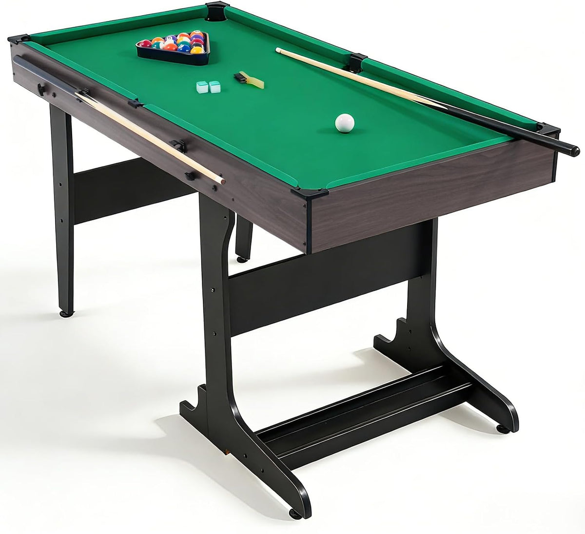 53 Inch Folding Pool Table with Built-in Ball Storage and Cue Clips, Freestanding Billiard Game Table Set for Family Game Room, Includes Cues, Balls, Chalk and Brush