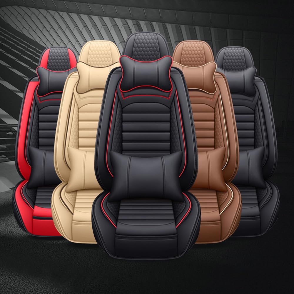 Leather Car Seat Covers for Chevrolet Avalanche 2002-2013,Car Seat Covers Full Set,Seat Covers with Safety,Waterproof Seat Cover Compatible Airbag(5pcs Black&Red Bars Luxury)
