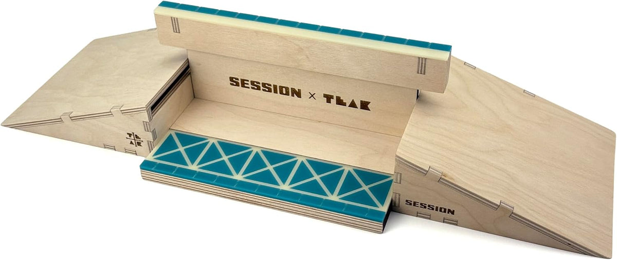 Teak Tuning x Session âThe Junctionâ Modular Wooden Fingerboard Ramp - 20 Inches Long - 2 Plain Kickers + Triple-Sided Rail/Ledge Block â Hand Made in USA - Fingerboard Obstacle