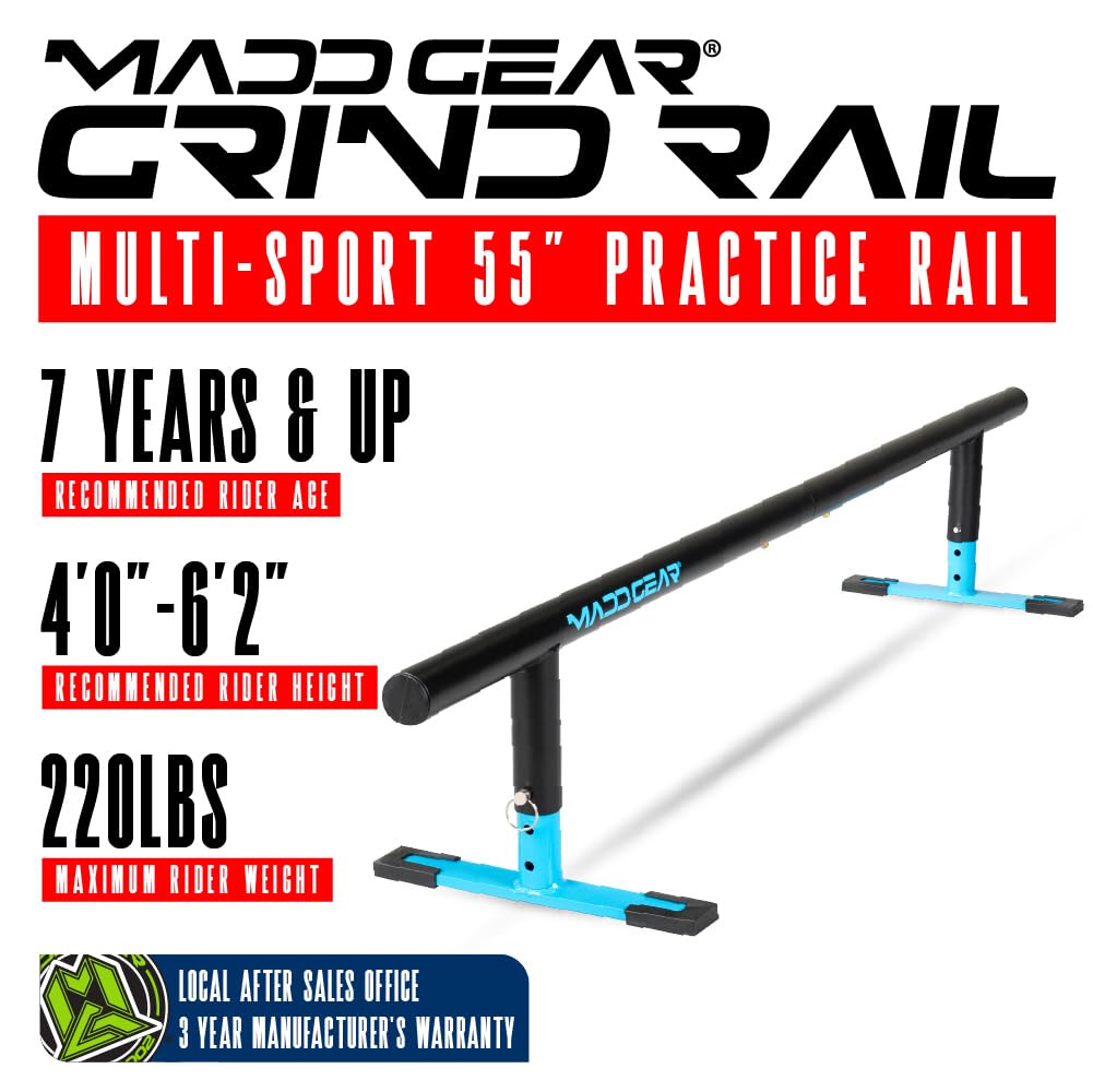 Madd Gear Round Grind Rail for Scooters, Skateboards, Inline Skates â 55" Long, 3-Step Adjustable Height â Durable Heavy-Duty Construction