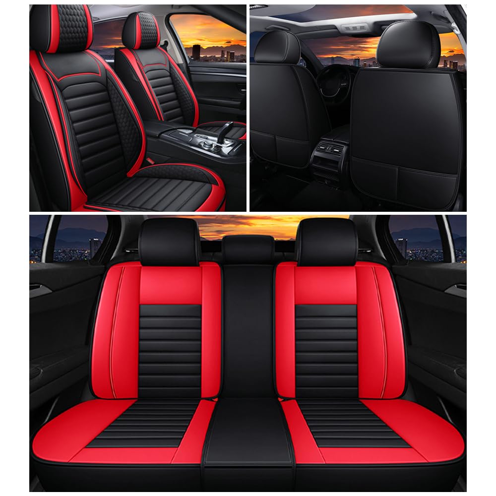 Leather Car Seat Covers for Chevrolet Avalanche 2002-2013,Car Seat Covers Full Set,Seat Covers with Safety,Waterproof Seat Cover Compatible Airbag(5pcs Black&Red Bars Luxury)