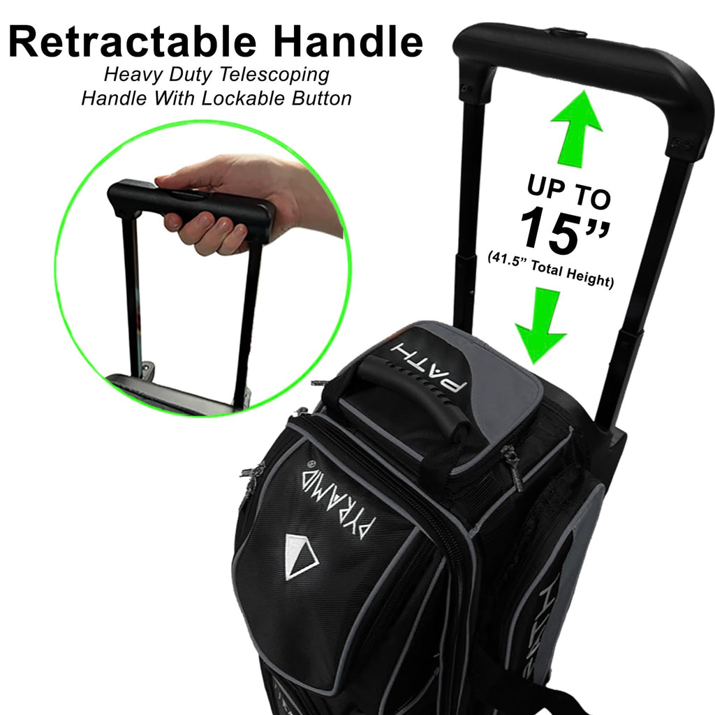 Pyramid Path Triple Premium Deluxe Roller Bowling Bag With Extra Large Separate Shoe Compartment (Up To US Mens Size 16) and 5 Accessory Pockets, 5" Wheels, Retractable Locking Handle - Extends to 42"