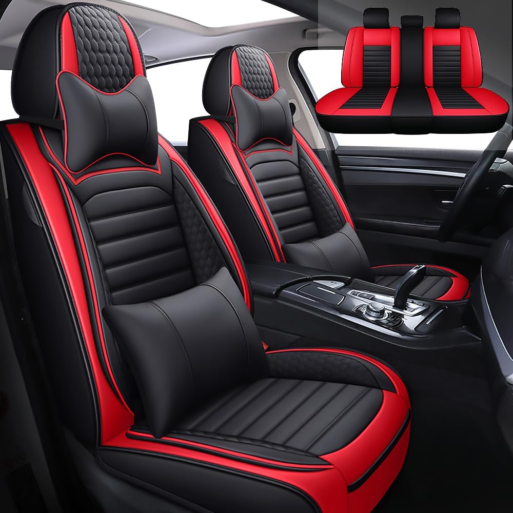 Leather Car Seat Covers for Chevrolet Avalanche 2002-2013,Car Seat Covers Full Set,Seat Covers with Safety,Waterproof Seat Cover Compatible Airbag(5pcs Black&Red Bars Luxury)