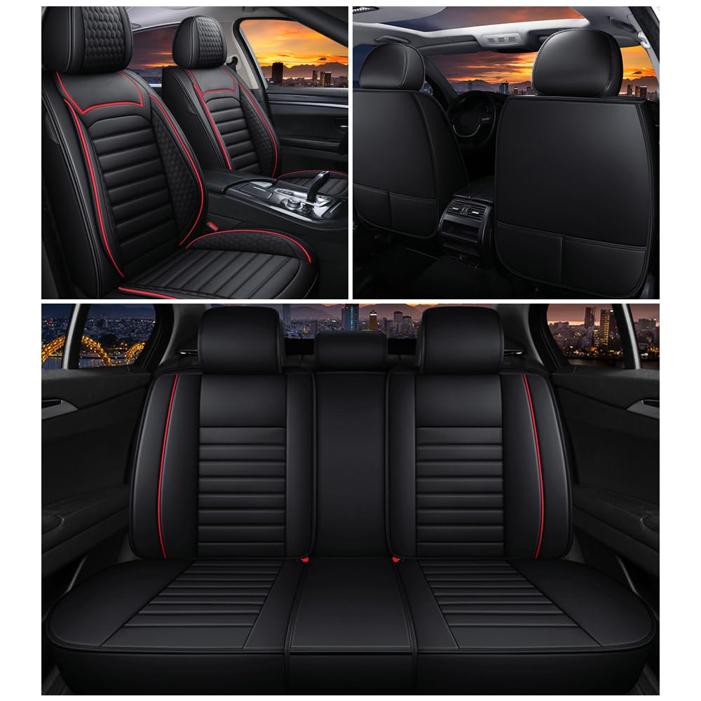 Leather Car Seat Covers for Chevy Avalanche 2002-2013,Car Seat Covers Full Set,Seat Covers with Safety,Waterproof Seat Cover Compatible Airbag(5pcs Black&Red Bars Luxury)