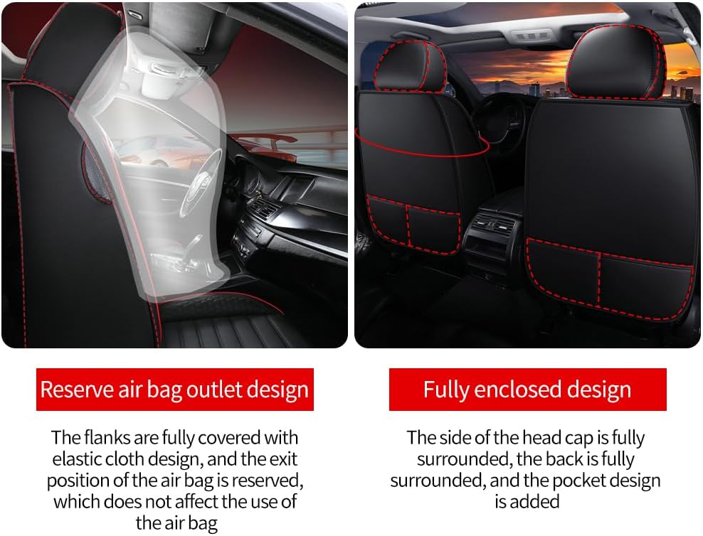 Leather Car Seat Covers for Chevy Avalanche 2002-2013,Car Seat Covers Full Set,Seat Covers with Safety,Waterproof Seat Cover Compatible Airbag(5pcs Black&Red Bars Luxury)