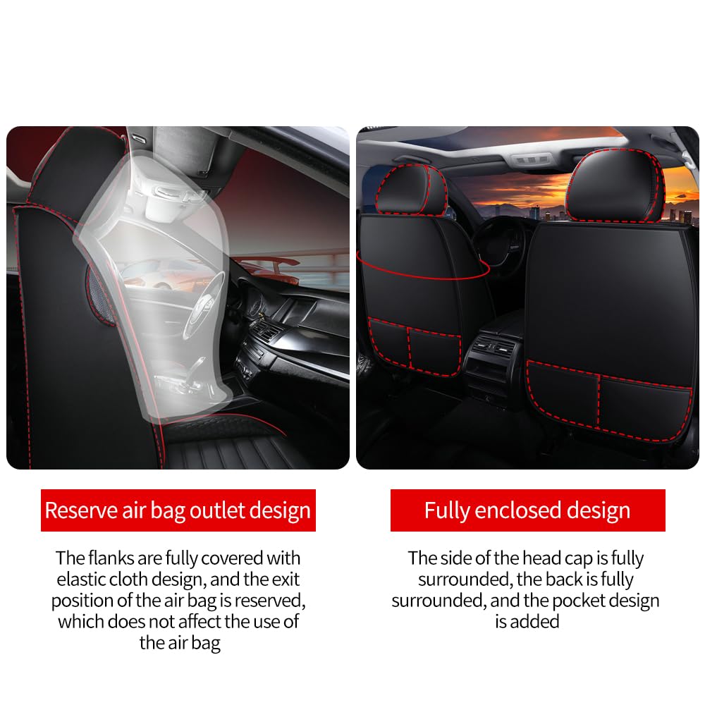 Leather Car Seat Covers for Chevrolet Avalanche 2002-2013,Car Seat Covers Full Set,Seat Covers with Safety,Waterproof Seat Cover Compatible Airbag(5pcs Black&Red Bars Luxury)
