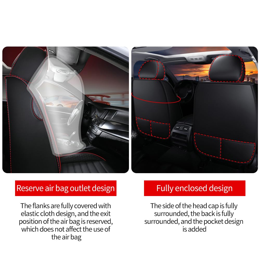 Leather Car Seat Covers for Chevrolet Avalanche 2002-2013,Car Seat Covers Full Set,Seat Covers with Safety,Waterproof Seat Cover Compatible Airbag(5pcs Black&Red Bars Luxury)