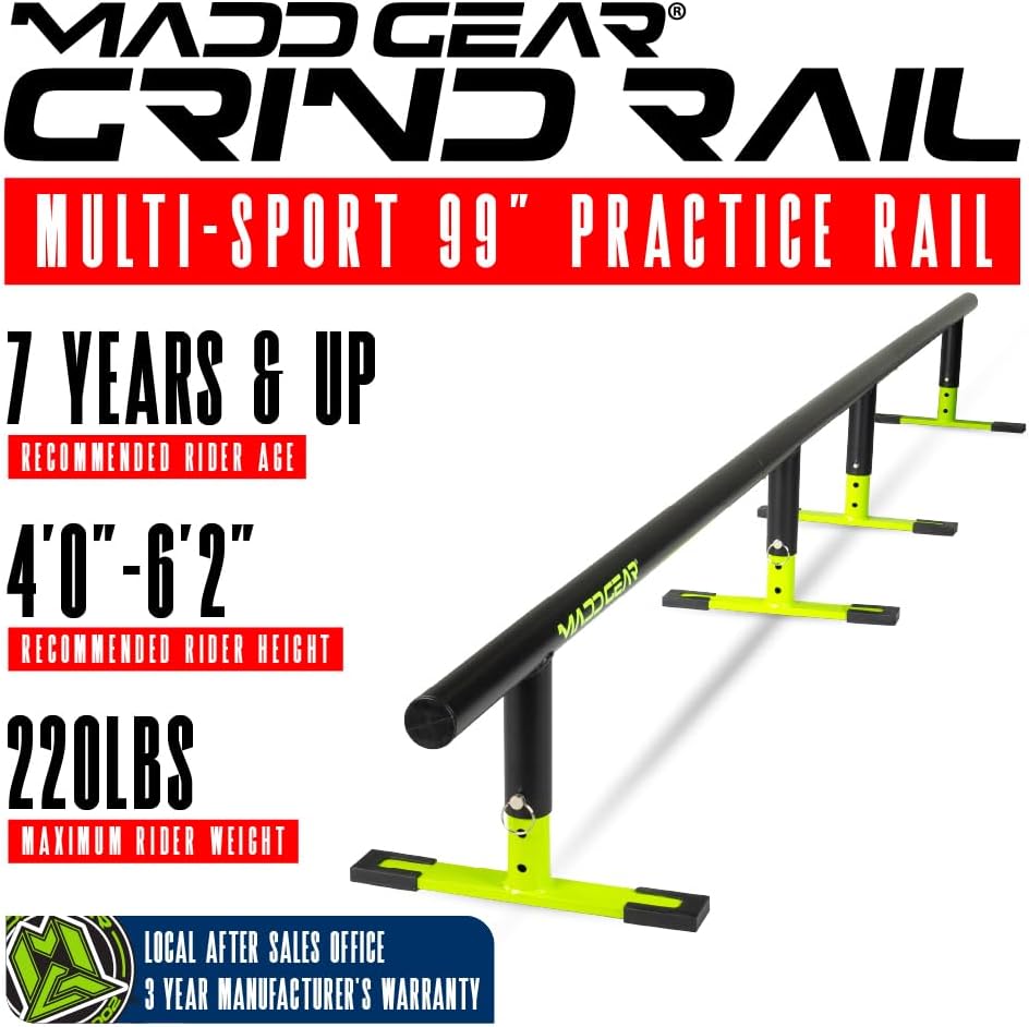 Madd Gear 99" Round Grind Rail for Scooters, Skateboards & Inline Skates â Adjustable Height