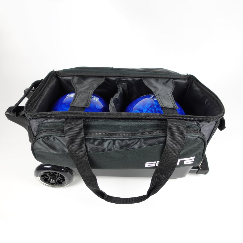 ELITE Deluxe 2 Ball Bowling Bag with 5" Smooth Wheels - Large Accessory Pocket, Shoe Compartment, 36" Extendable Handle