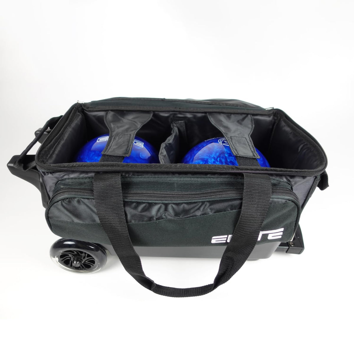 ELITE Deluxe 2 Ball Bowling Bag with 5" Smooth Wheels - Large Accessory Pocket, Shoe Compartment, 36" Extendable Handle