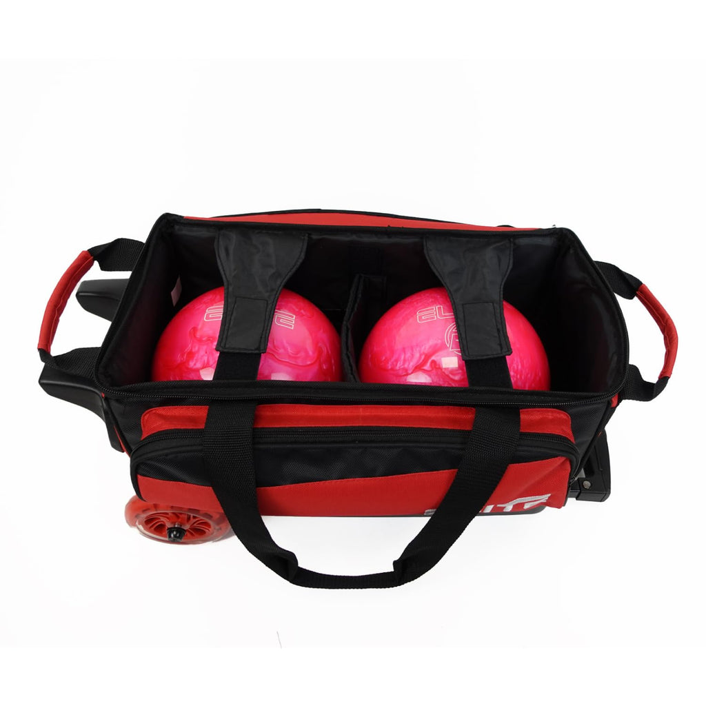 ELITE Deluxe 2 Ball Bowling Bag with 5" Smooth Wheels - Large Accessory Pocket, Shoe Compartment, 36" Extendable Handle