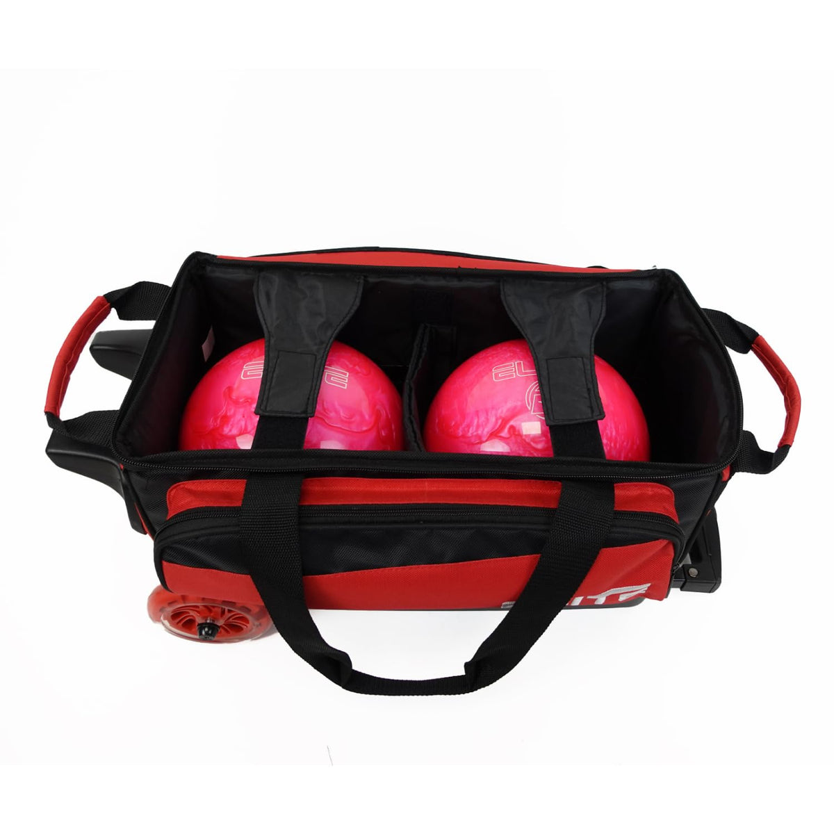 ELITE Deluxe 2 Ball Bowling Bag with 5" Smooth Wheels - Large Accessory Pocket, Shoe Compartment, 36" Extendable Handle