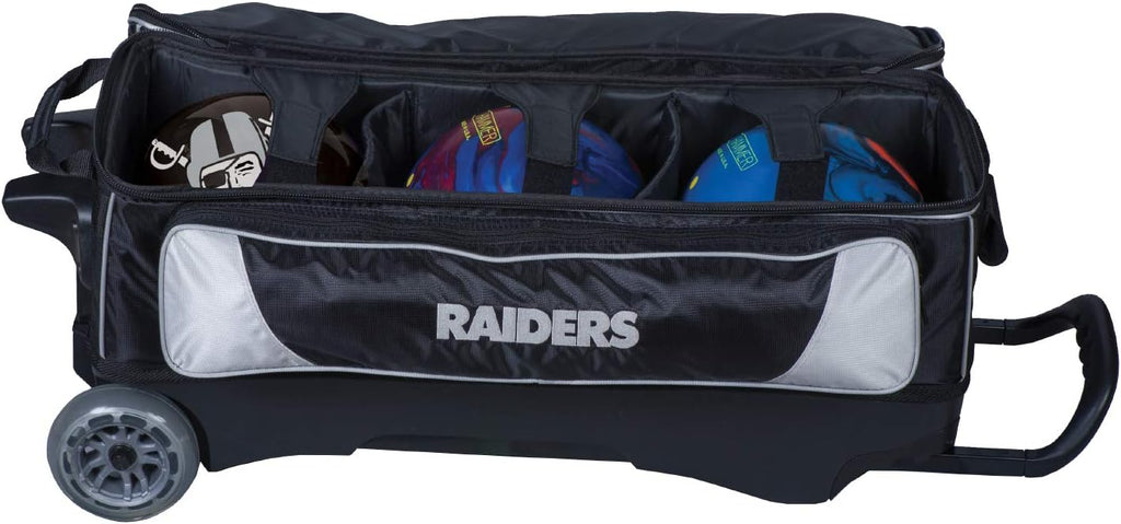 KR Strikeforce Bowling NFL Las Vegas Raiders 3-Ball Roller Bag With Shoe and Accessory Compartments