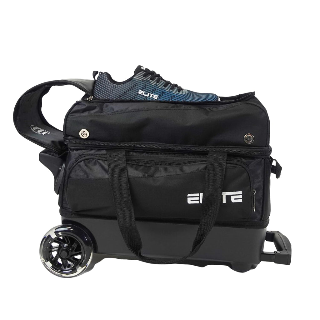 ELITE Deluxe 2 Ball Bowling Bag with 5" Smooth Wheels - Large Accessory Pocket, Shoe Compartment, 36" Extendable Handle