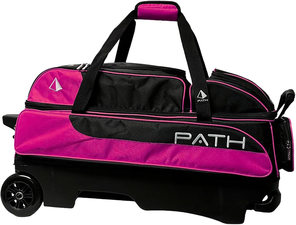 Pyramid Path Triple Premium Deluxe Roller Bowling Bag With Extra Large Separate Shoe Compartment (Up To US Mens Size 16) and 5 Accessory Pockets, 5" Wheels, Retractable Locking Handle - Extends to 42"