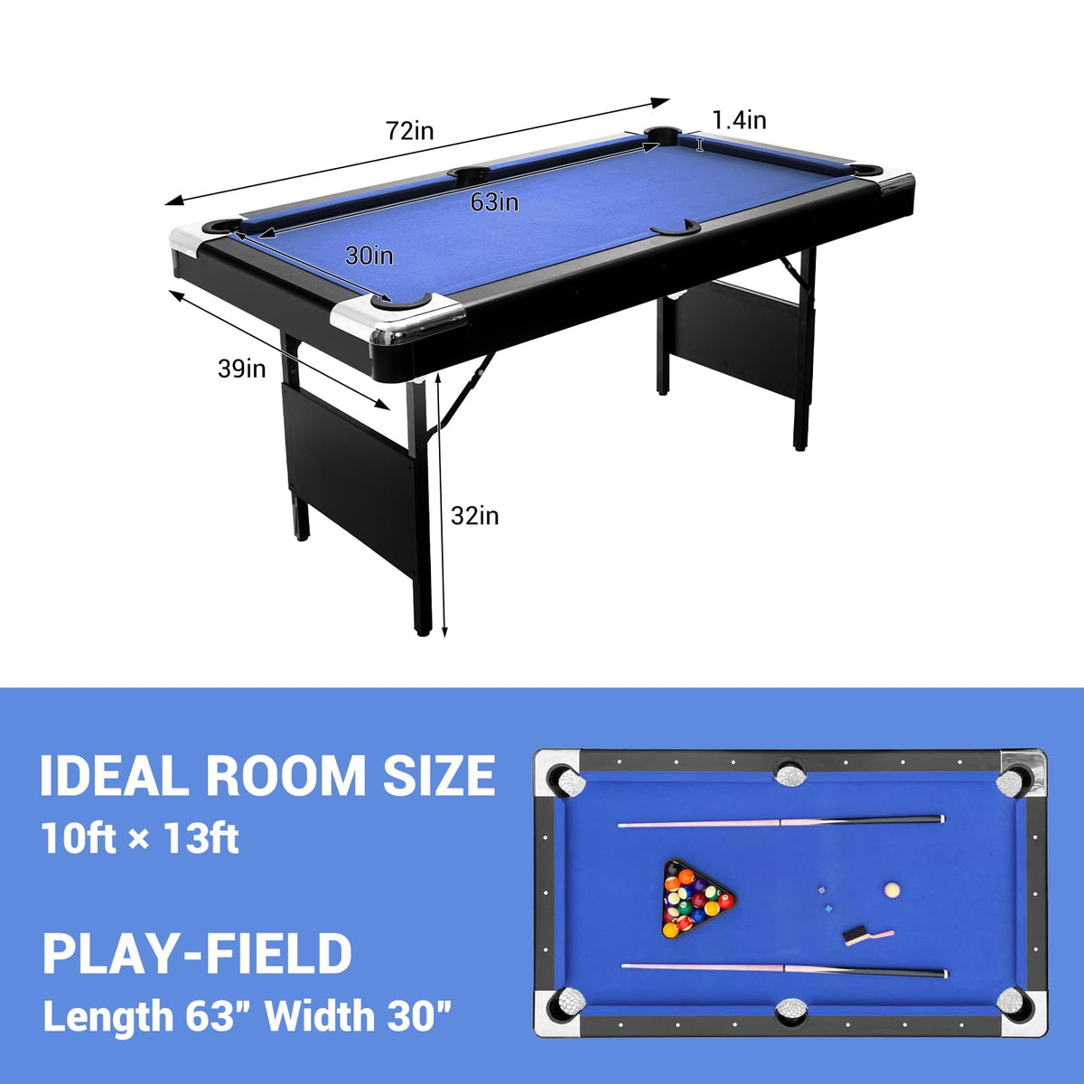 7 Foot Pool Table for Family, Foldable No Assembly Pool Table with Balls, Cues, Chalk, Rack & Brush, Portable Billiards Game Table for Apartment, Basement, Office & Game Room