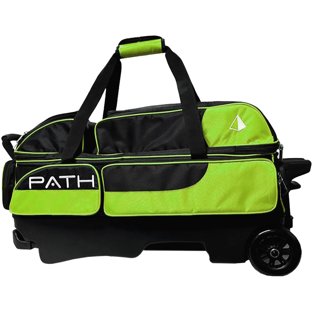 Pyramid Path Triple Premium Deluxe Roller Bowling Bag With Extra Large Separate Shoe Compartment (Up To US Mens Size 16) and 5 Accessory Pockets, 5" Wheels, Retractable Locking Handle - Extends to 42"
