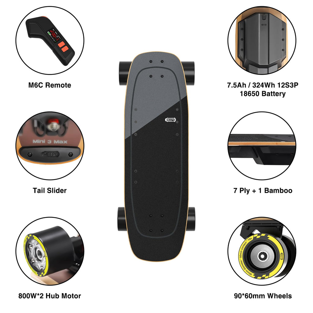 MEEPO Mini Series Electric Skateboard with Remote, Up to 26-32 MPH Top Speed, 11-24Miles Range,330 Pounds Max Load, 30-34 Inches Maple Cruiser for Adults and Teens, Mini5 MINI3 Max Edge Flow
