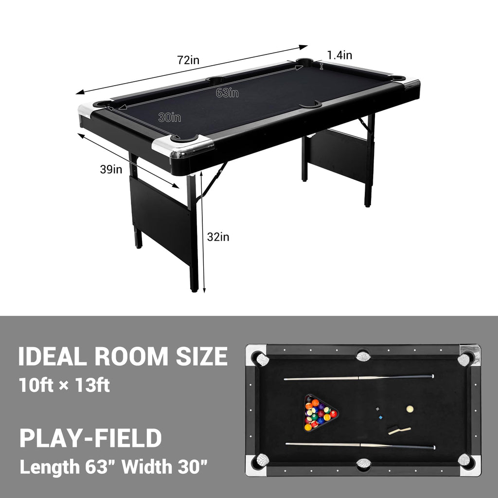 7 Foot Pool Table for Family, Foldable No Assembly Pool Table with Balls, Cues, Chalk, Rack & Brush, Portable Billiards Game Table for Apartment, Basement, Office & Game Room