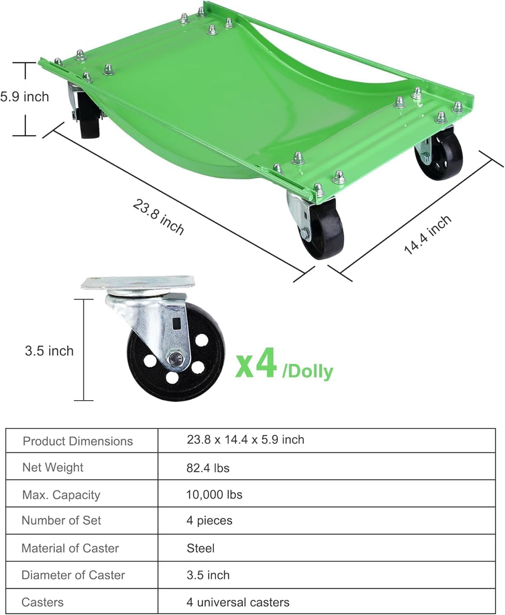 10000 LBS Car Dolly Set of 4, 24"x15" Heavy Duty Vehicle Wheel Dolly, Green