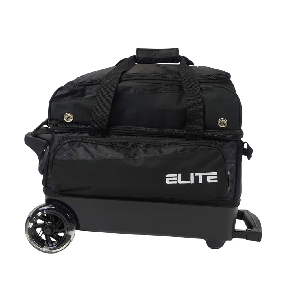 ELITE Deluxe 2 Ball Bowling Bag with 5" Smooth Wheels - Large Accessory Pocket, Shoe Compartment, 36" Extendable Handle