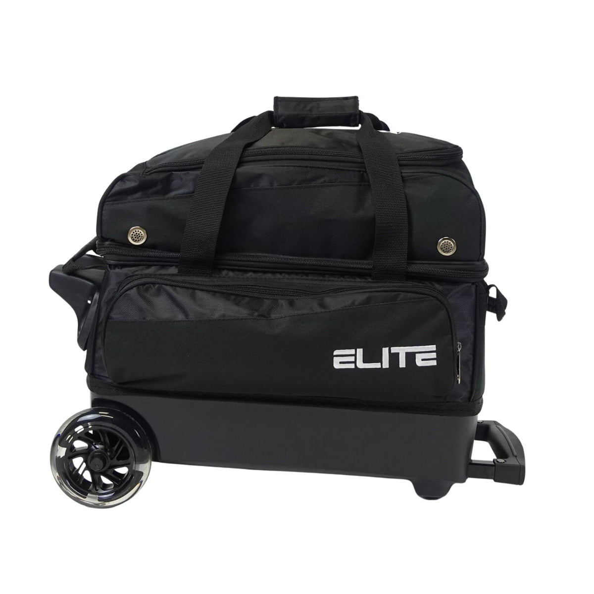 ELITE Deluxe 2 Ball Bowling Bag with 5" Smooth Wheels - Large Accessory Pocket, Shoe Compartment, 36" Extendable Handle
