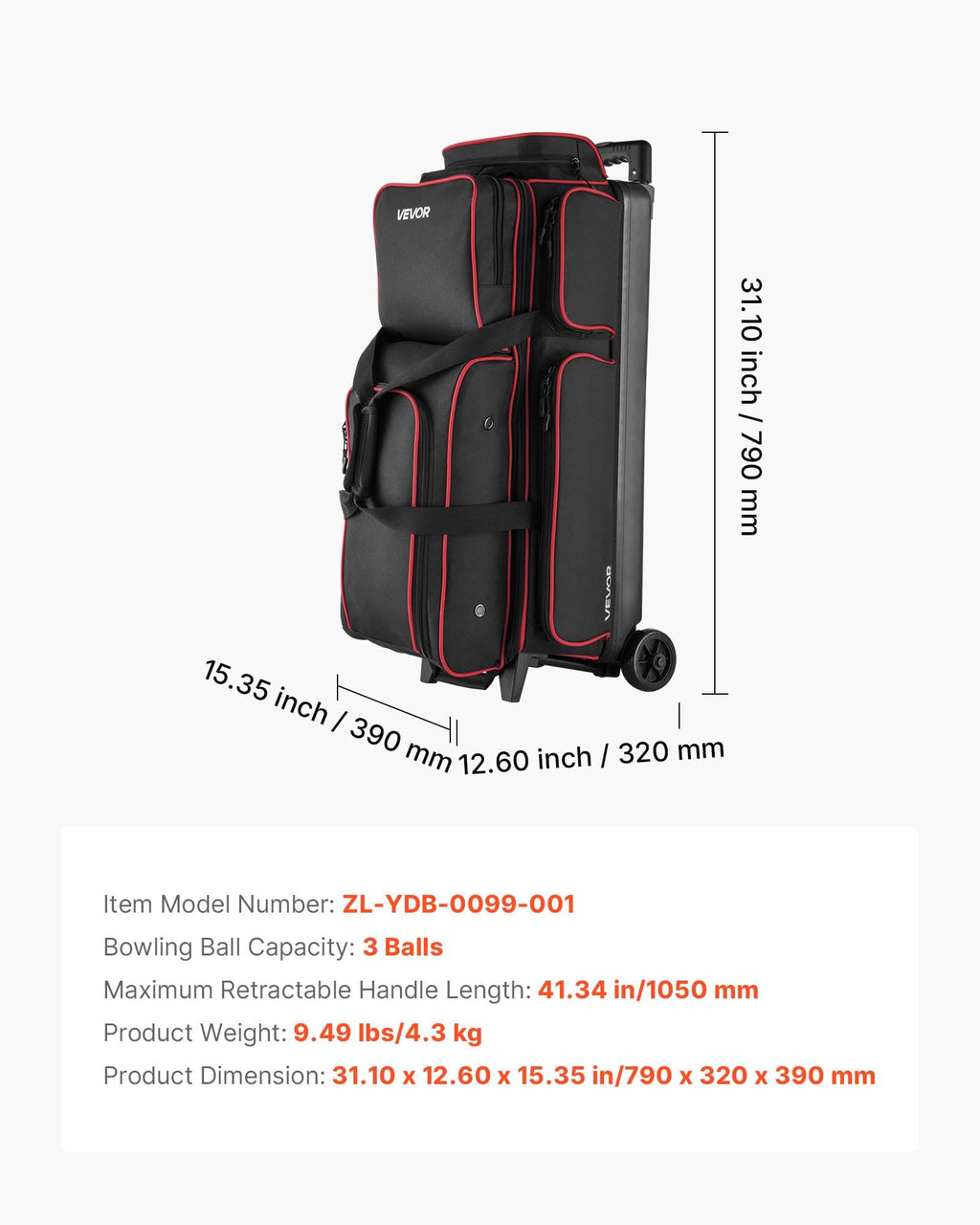 VEVOR Bowling Ball Bag, 3 Ball Double Roller Bowling Bag with Wheels, Featuring a Separate Compartment for Shoes (Up To US Size 16) & Oversized Accessory Pocket, Retractable Handle Extends to 41.34 in