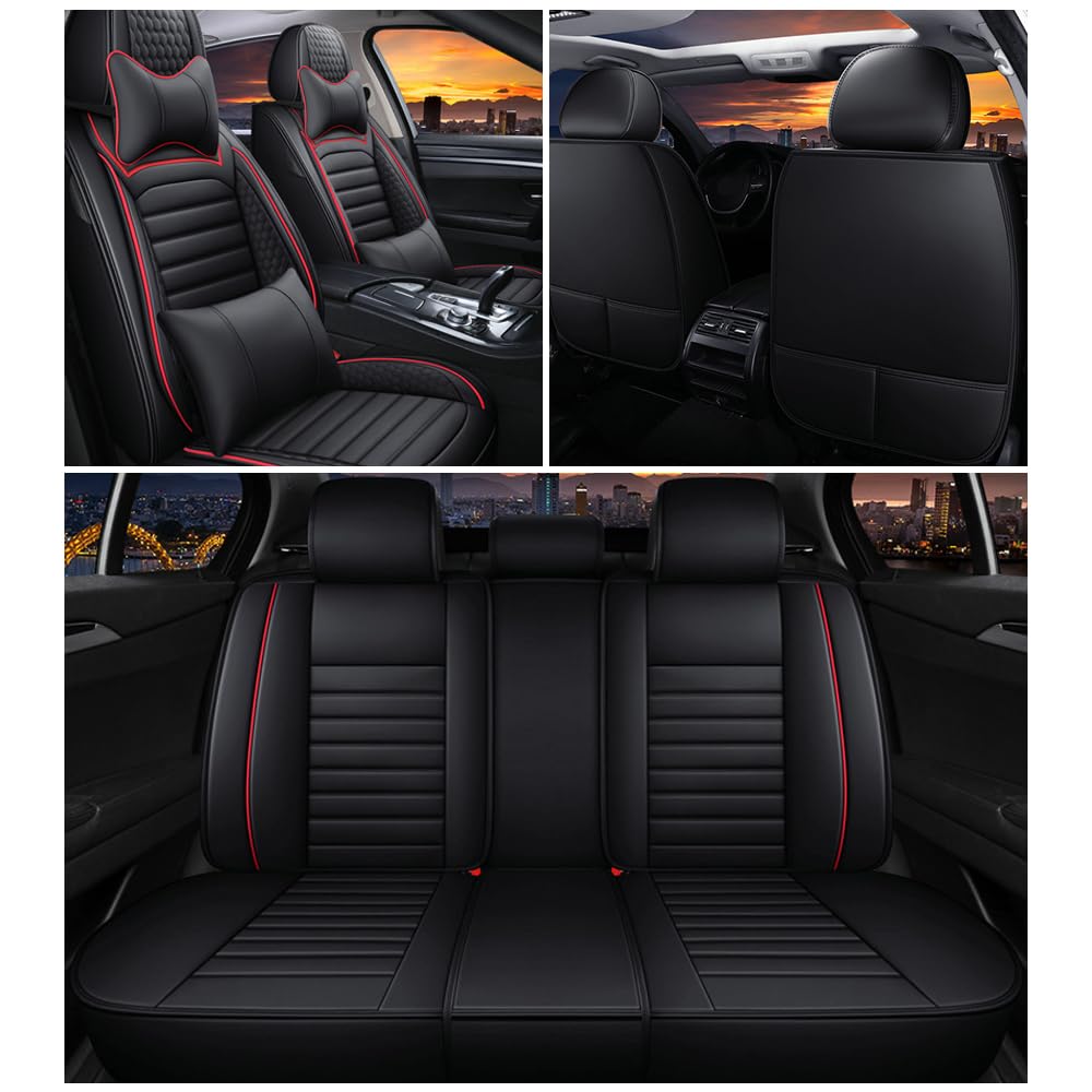 Leather Car Seat Covers for Chevrolet Avalanche 2002-2013,Car Seat Covers Full Set,Seat Covers with Safety,Waterproof Seat Cover Compatible Airbag(5pcs Black&Red Bars Luxury)