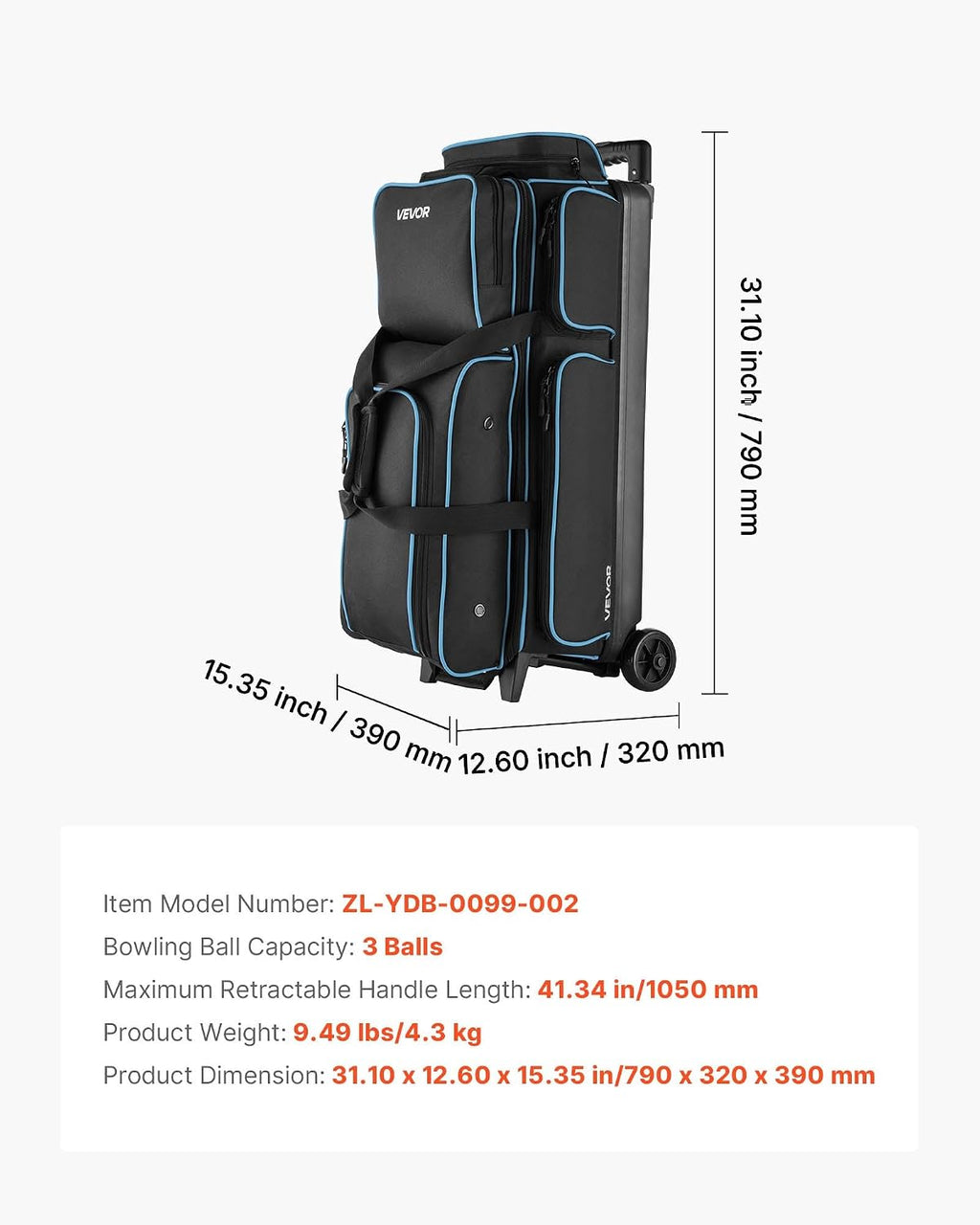 VEVOR Bowling Ball Bag, 3 Ball Double Roller Bowling Bag with Wheels, Featuring a Separate Compartment for Shoes (Up To US Size 16) & Oversized Accessory Pocket, Retractable Handle Extends to 41.34 in