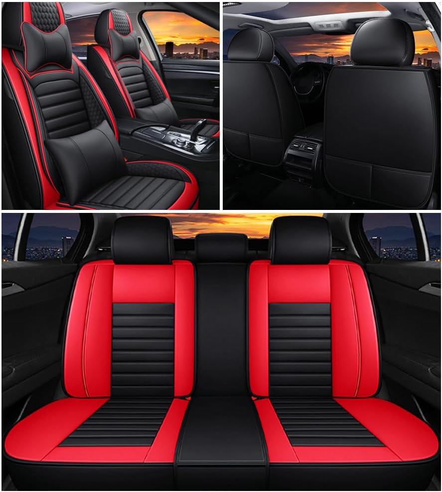 Leather Car Seat Covers for Chevy Avalanche 2002-2013,Car Seat Covers Full Set,Seat Covers with Safety,Waterproof Seat Cover Compatible Airbag(5pcs Black&Red Bars Luxury)
