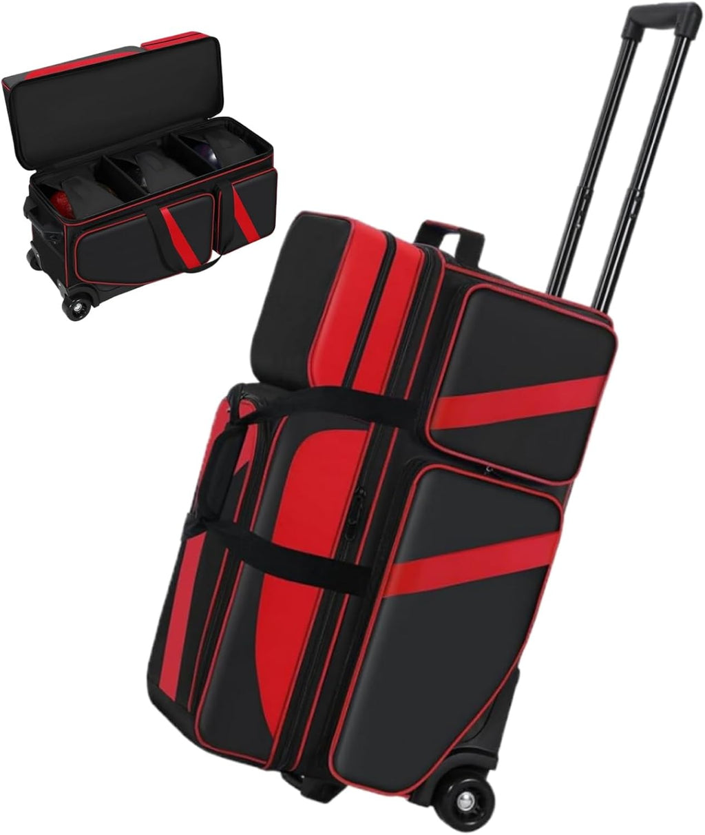 3 Ball Bowling Bags With Wheels,Bowling Bags 3 Ball Roller With Shoes Compartment And Multiple Pockets,3 Ball Bowling Bag has Retractable Handle Extends to 41.5 in