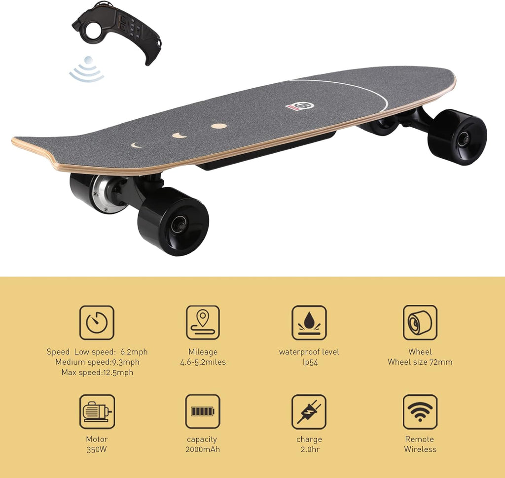 Electric Skateboard Electric Longboard with Remote Control Electric Skateboard,350W Hub-Motor,12.4 MPH Top Speed,5.2 Miles Range,3 Speeds Adjustment, 6 Months Warranty