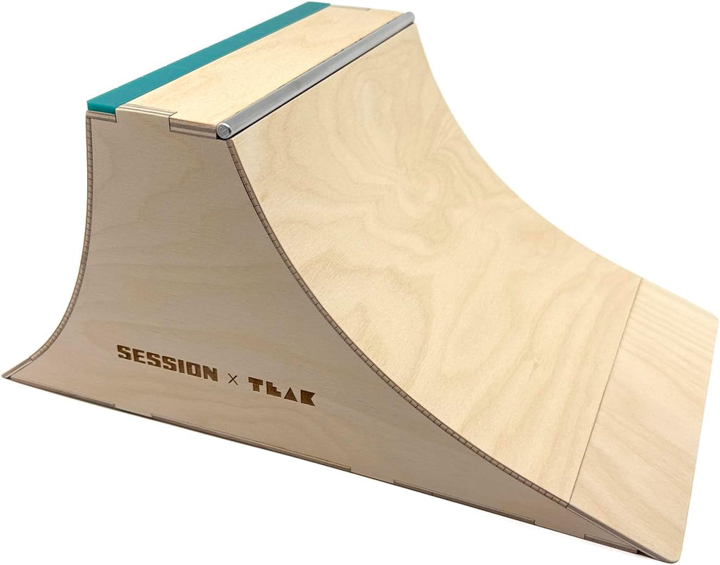 Teak Tuning x Session The Wall XL Double Quarter Pipe with Wall Ride, Fingerboard Obstacle Made of Baltic Birch Wood, Aluminum Coping, Custom Matte Acrylic, Teal, 12.75 x 7.88 x 6 inches