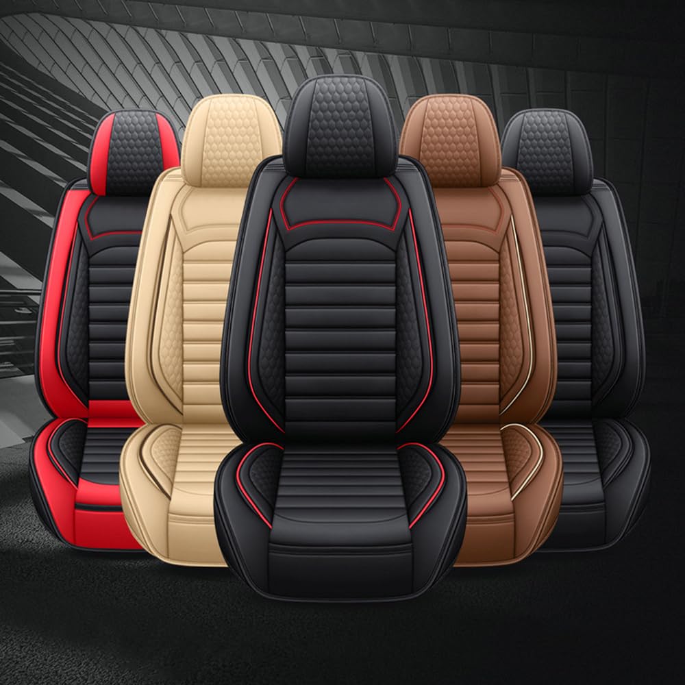 Leather Car Seat Covers for Chevrolet Avalanche 2002-2013,Car Seat Covers Full Set,Seat Covers with Safety,Waterproof Seat Cover Compatible Airbag(5pcs Black&Red Bars Luxury)