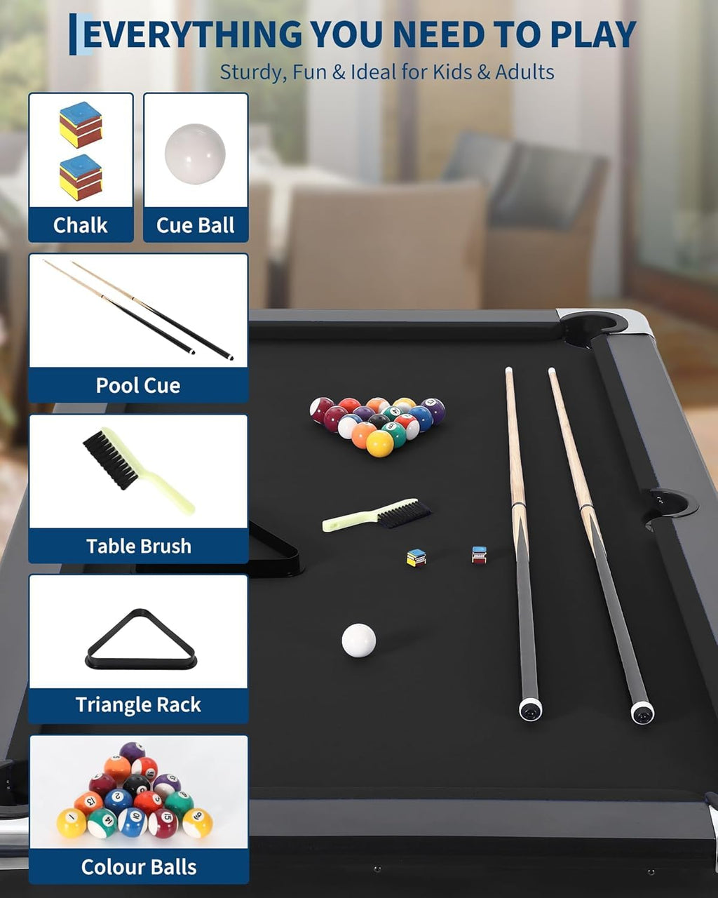 6,7 Foot Foldable Pool Table, Portable Billiards Table for Adults with Full Accessories Set, Mesa De Billar Includes 16 Balls, 2 Cue Sticks, Chalk, Rack & Brush, Game Room Table for Home