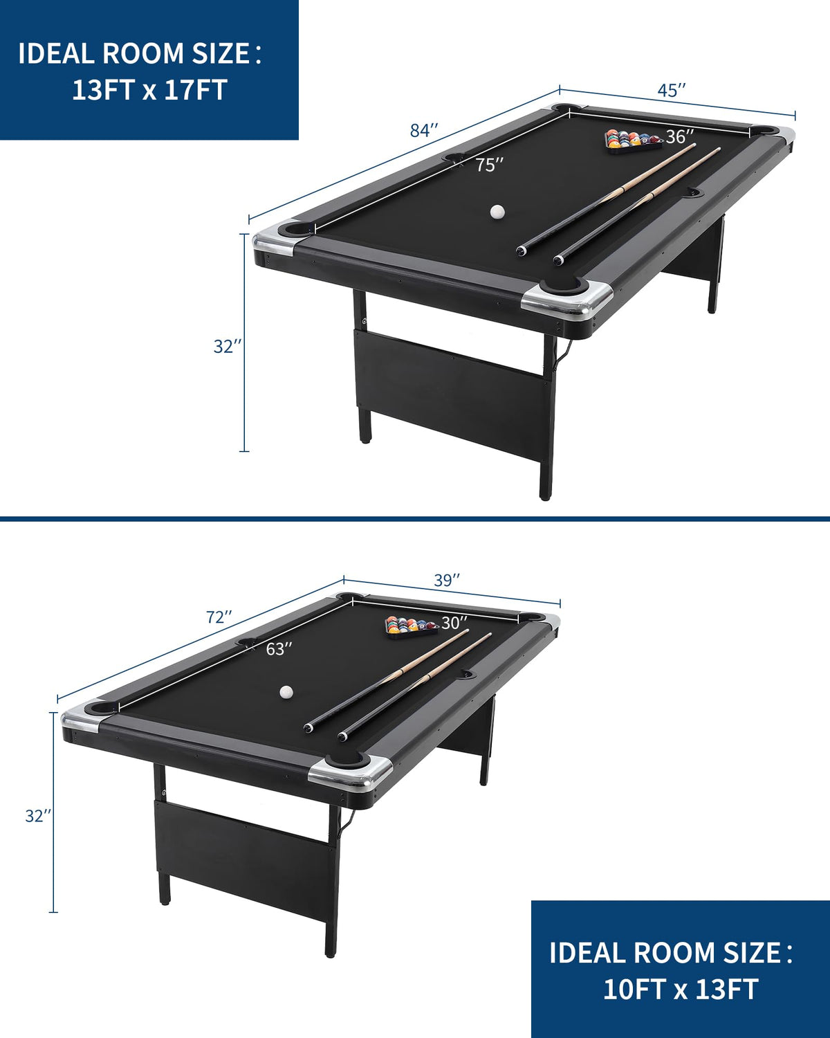 7 Foot Pool Table for Family, Foldable No Assembly Pool Table with Balls, Cues, Chalk, Rack & Brush, Portable Billiards Game Table for Apartment, Basement, Office & Game Room