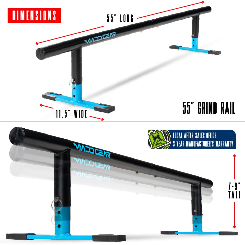 Madd Gear Round Grind Rail for Scooters, Skateboards, Inline Skates â 55" Long, 3-Step Adjustable Height â Durable Heavy-Duty Construction