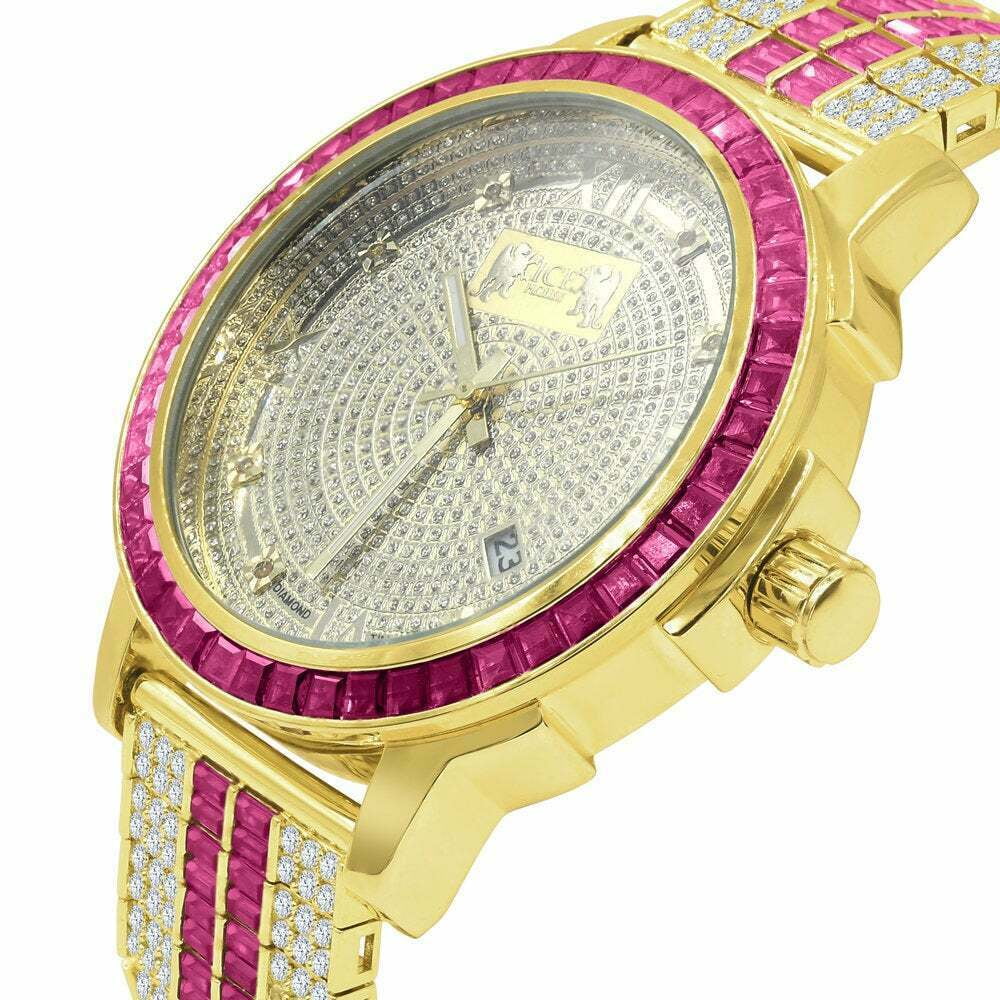 Pink Tourmaline Mens Real Diamond Dial Stainless Steel Custom Bezel Gold Tone Watch