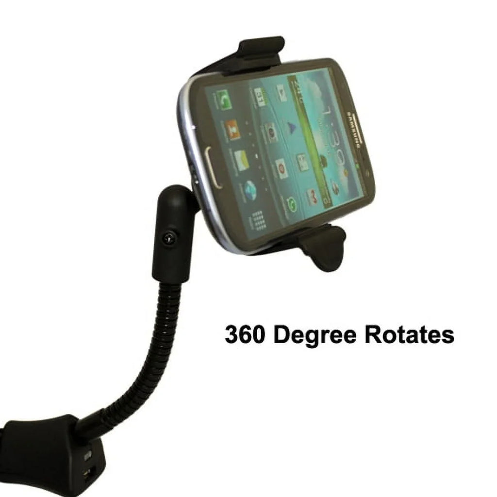 Car Mount Charger Socket Holder with USB Port Dock Cradle Gooseneck Swivel Black 3D for LG Stylo 3, V10 V20 - Motorola Droid Turbo 2, Moto Z Droid Force Droid - Samsung Galaxy J3 J5 J7, Note 3 4 5