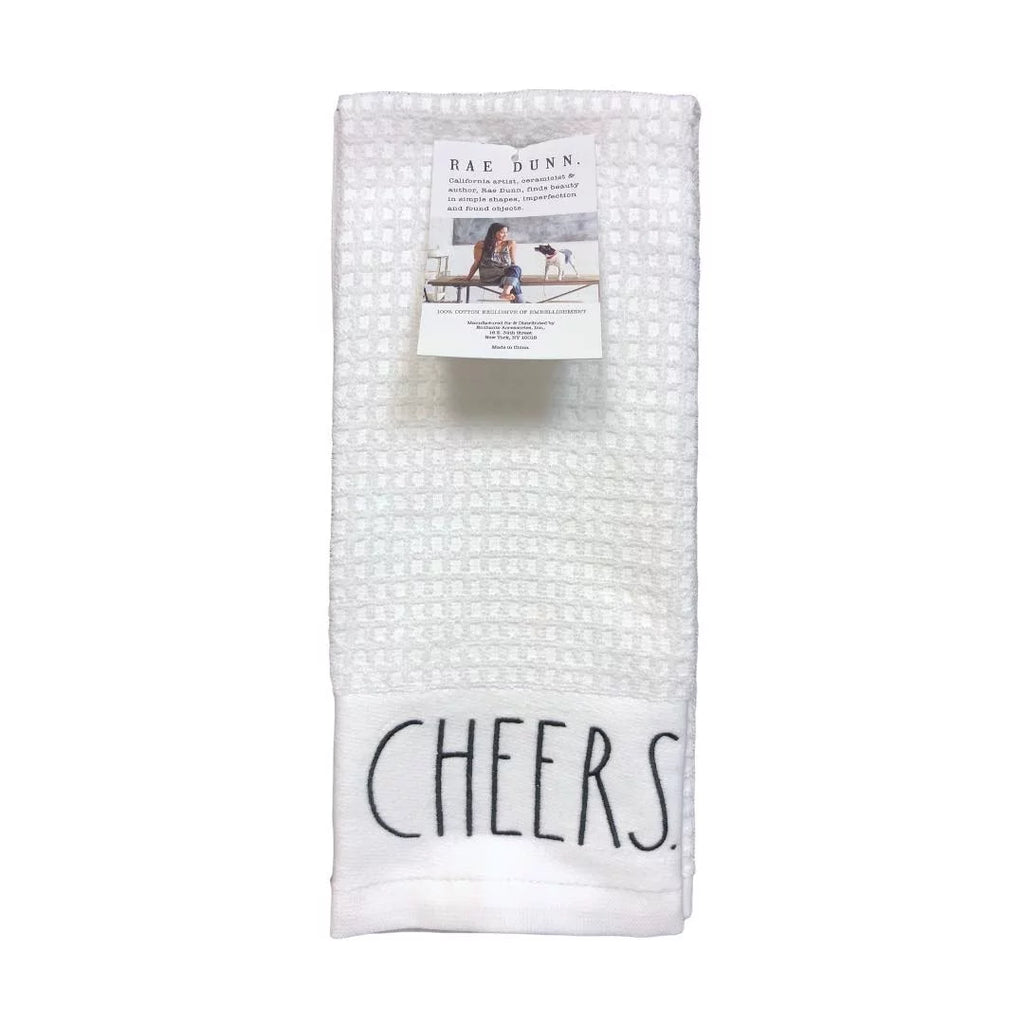 Rae Dunn Christmas Kitchen Towels Set of 2 White CHEERS - BON APPETIT Black LL Letter