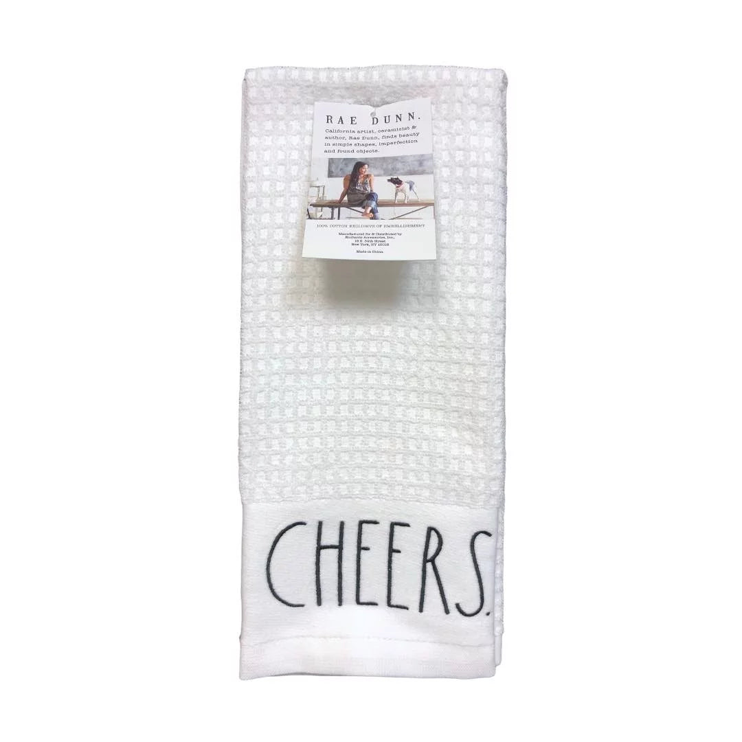 Rae Dunn Christmas Kitchen Towels Set of 2 White CHEERS - BON APPETIT Black LL Letter