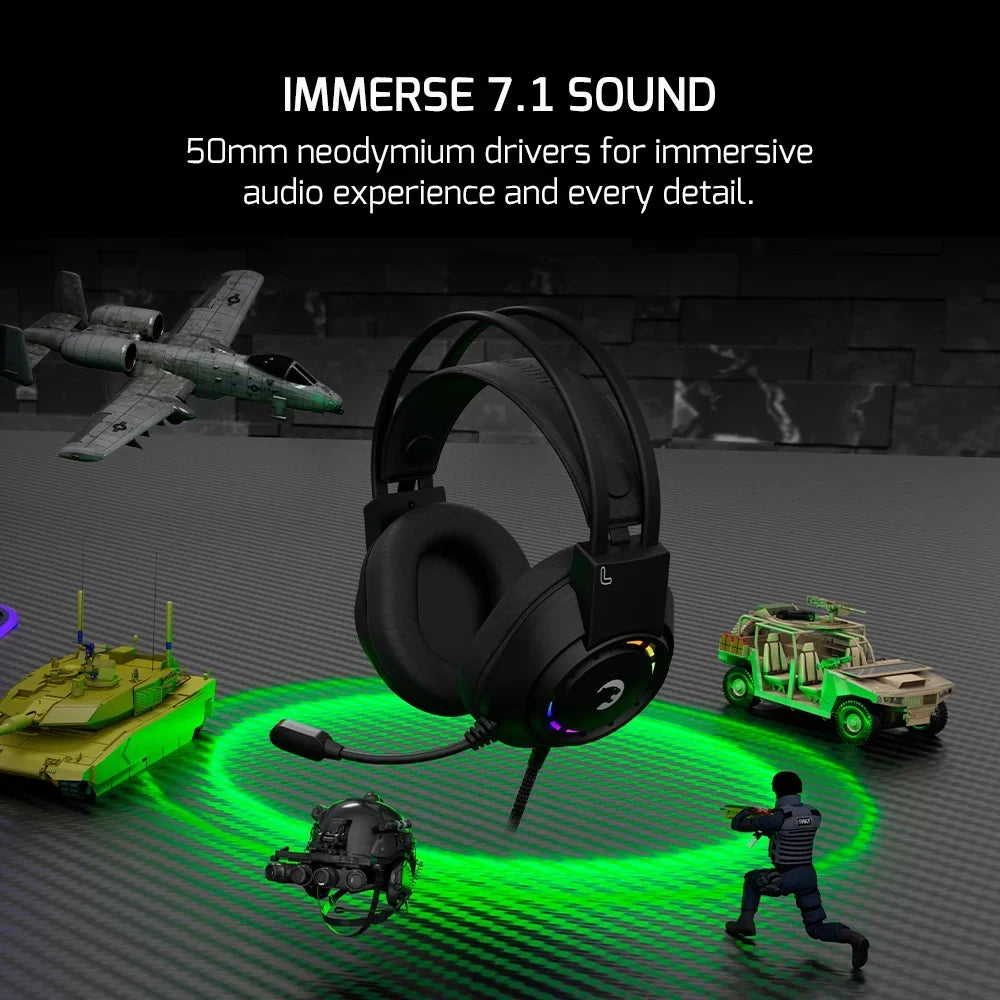 GAMEPOWER Voldon USB Gaming Headset - 7.1 Virtual Surround Sound, Wired Led Headphones with 50MM Drivers, Comfort Design, 360 Spatial Audio, Noise Cancelling Mic for PC, PS4, PS5, Playstation, Black