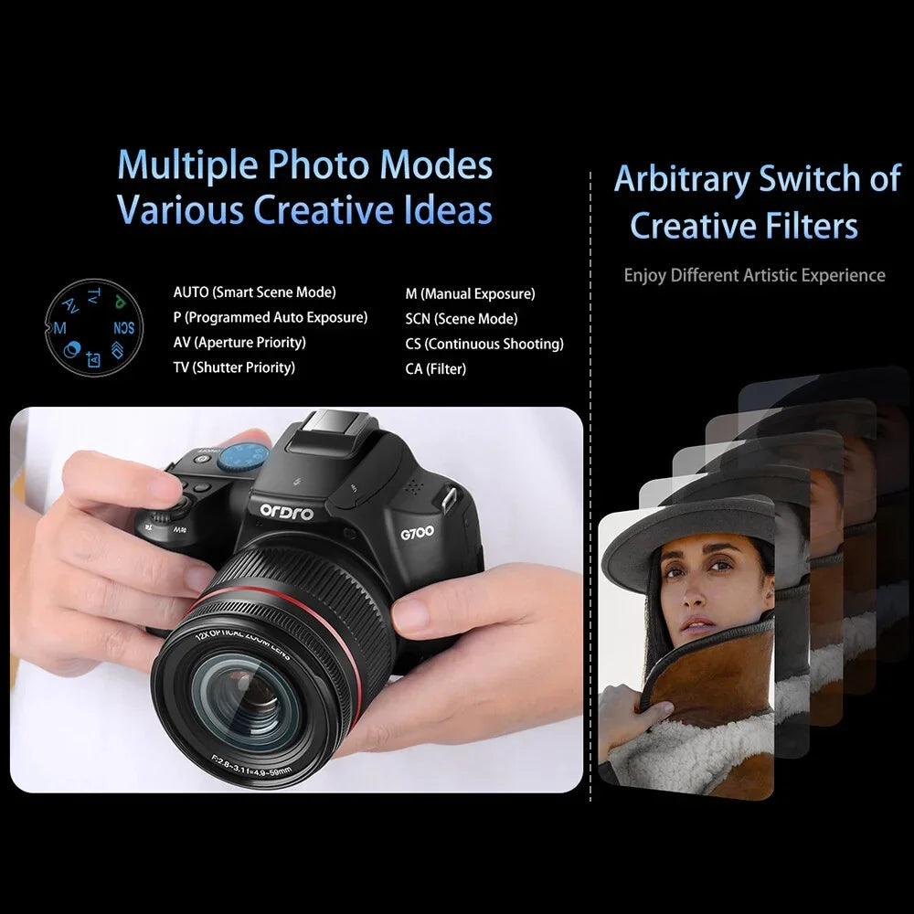 ORDRO G700 4K Digital Camera WiFi Digital Video Camera Camcorder 64MP 3.0 Inch IPS Screen 12X Optical Zoom Auto/Manual Focus Built-in Flash Battery Electronic Stabilization with Strap for Vlogging