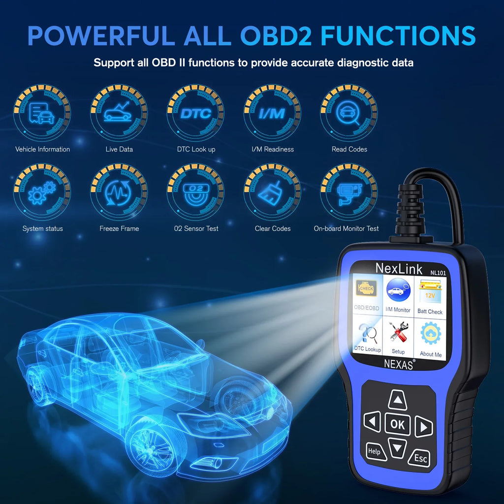 NEXAS NL101 OBD2 Scanner Check Engine Light Car Battery Tester Car Scanner Auto Code Reader Full OBDII Functions Check Engine Read Clear Codes Automotive Scanner OBDII Diagnostic Tool