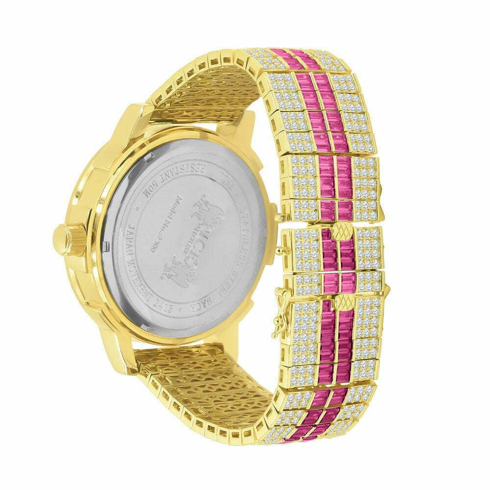 Pink Tourmaline Mens Real Diamond Dial Stainless Steel Custom Bezel Gold Tone Watch