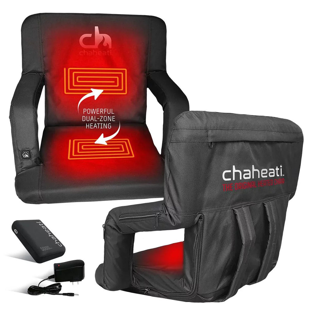 Chaheati 7 V Heated Folding Bleacher Seat in Black – Battery Heated Chair For Camping, Sports, And Outdoor Activities