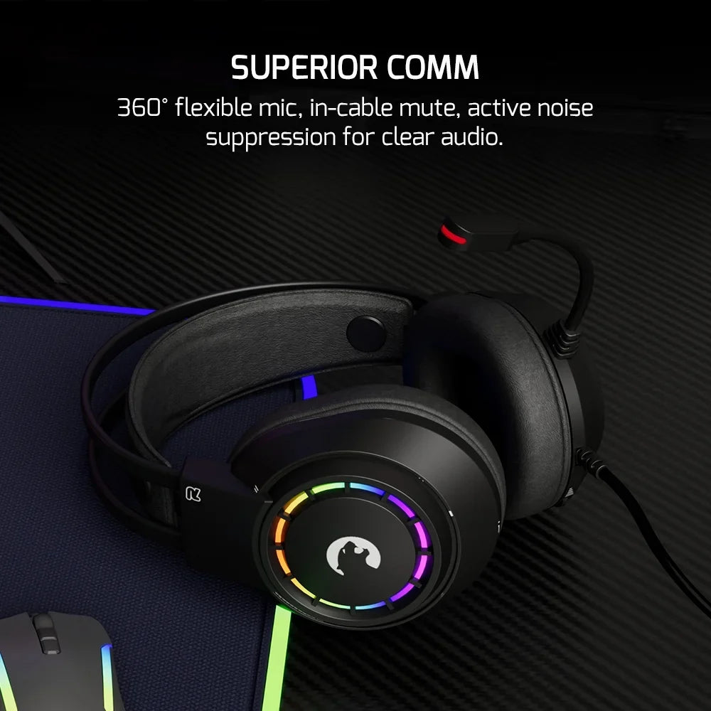 GAMEPOWER Voldon USB Gaming Headset - 7.1 Virtual Surround Sound, Wired Led Headphones with 50MM Drivers, Comfort Design, 360 Spatial Audio, Noise Cancelling Mic for PC, PS4, PS5, Playstation, Black