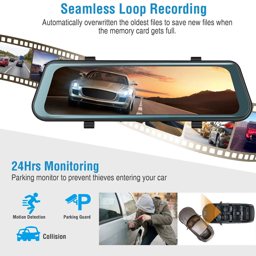 iNova FHD 1080P Car DVR Dash Camera 9.66In Vehicle Driving Recorder with G Sensor Parking Monitoring Seamless Recording