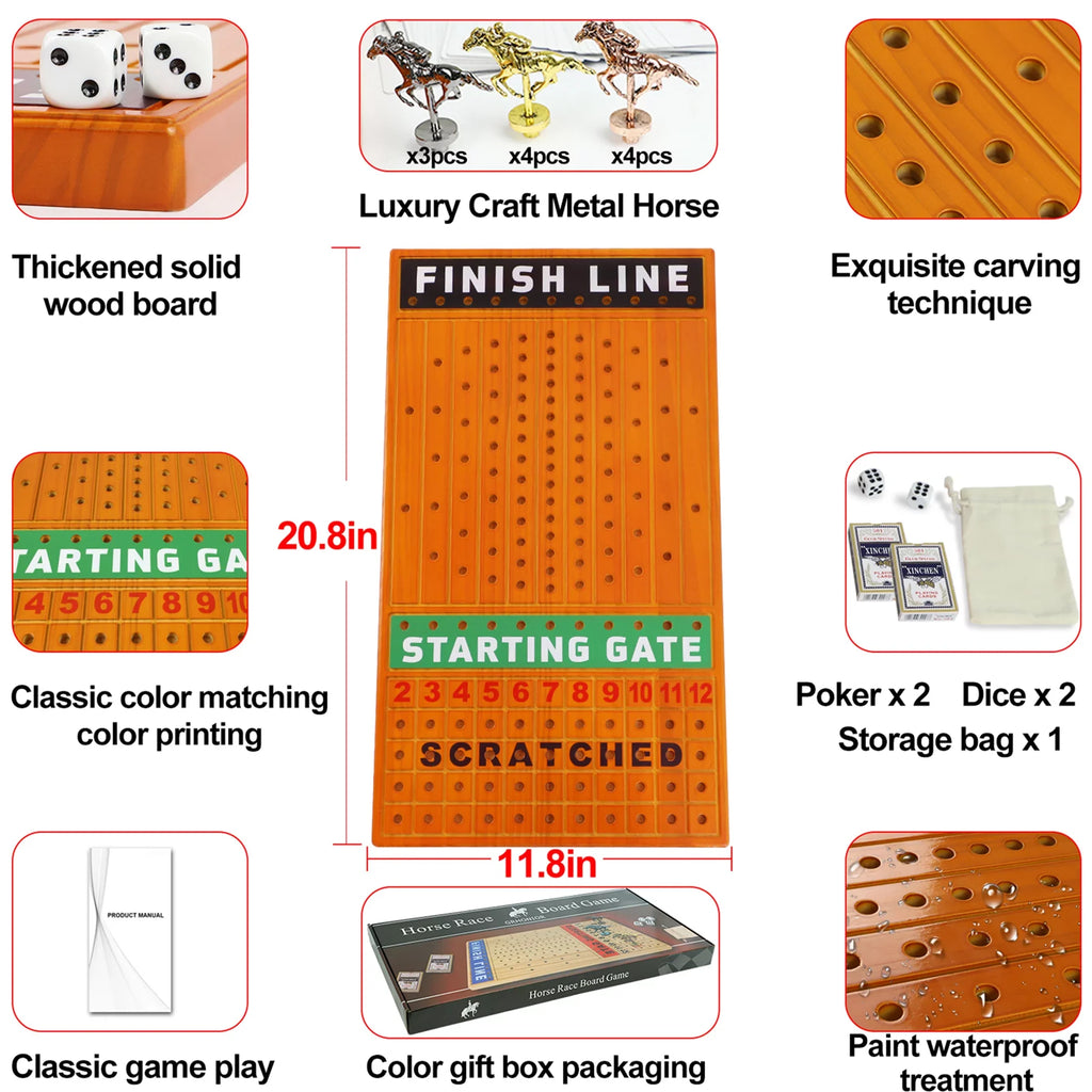 Horse Race Board Game Racing Game Thickened Pine with 11 Luxurious Durable Classic Metal Horses with 4 dice and 2 Boxes of Cards Across Finish Line Horse Racing Game